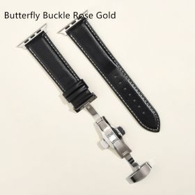 Men's Minimalist And Versatile Cowhide Strap (Option: Black White Line-Butterfly Buckle Rose Gold-42or44or45or49MM)