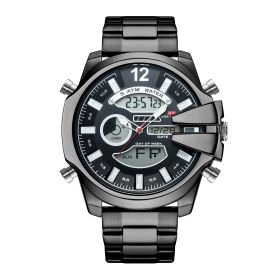 New Men's Double Display Alarm Clock Led Sports Steel Watch Waterproof (Color: Black)
