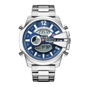 New Men's Double Display Alarm Clock Led Sports Steel Watch Waterproof (Color: Blue)